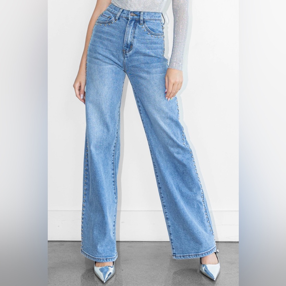 Studded women’s jeans‎ Wide Leg edgy moto statement metallic bold festival - Picture 5 of 13